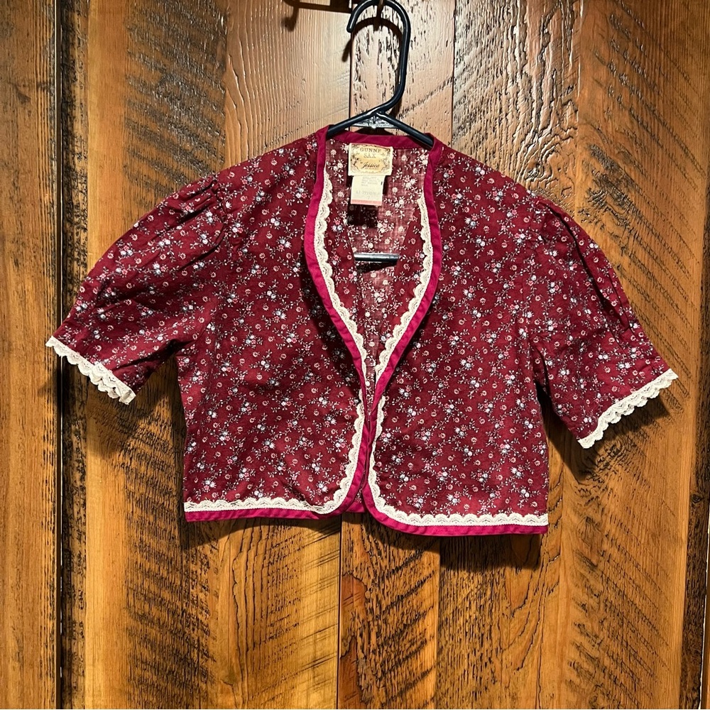 Vintage Gunne Sax Calico Bolero Cardigan Maroon Size 7 Cottagecore Prairiecore